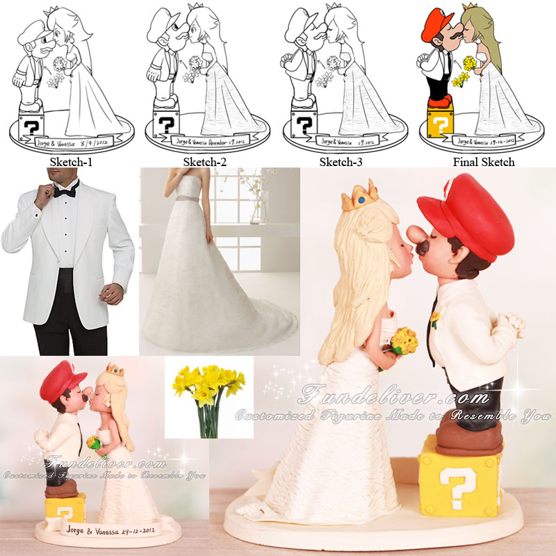 Kissing Mario and Peach Wedding Cake Toppers